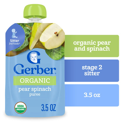 Gerber Stage 2 Baby Food, Organic Pear Spinach Puree, 3.5 oz Pouch