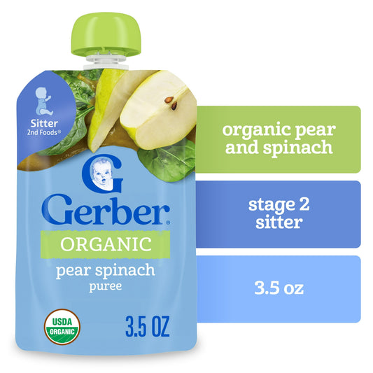 Gerber Stage 2 Baby Food, Organic Pear Spinach Puree, 3.5 oz Pouch