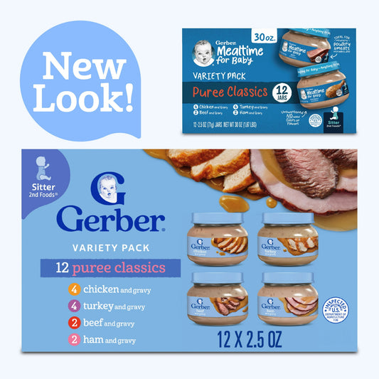 Gerber 2nd Foods Puree Favorites, Beef, Turkey, Ham and Chicken Baby Food Variety Pack, 2.5 oz Jars (12 Pack)