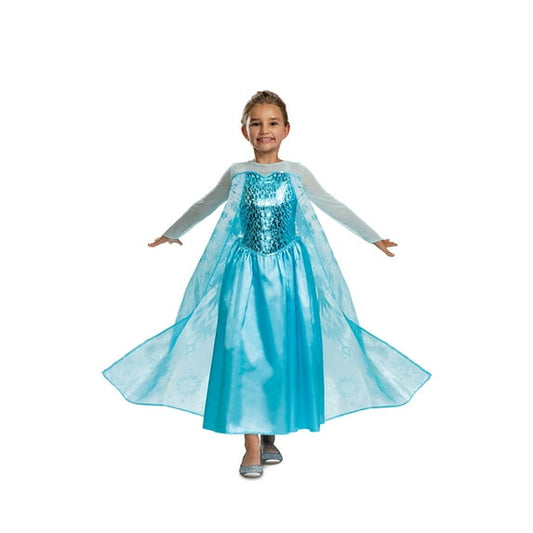 Girls ice queen costume dress with sparkly cape – deluxe blue outfit for Halloween or cosplay.