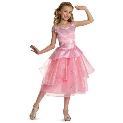 Girls pink good witch costume dress with crown – charming and magical Halloween outfit.