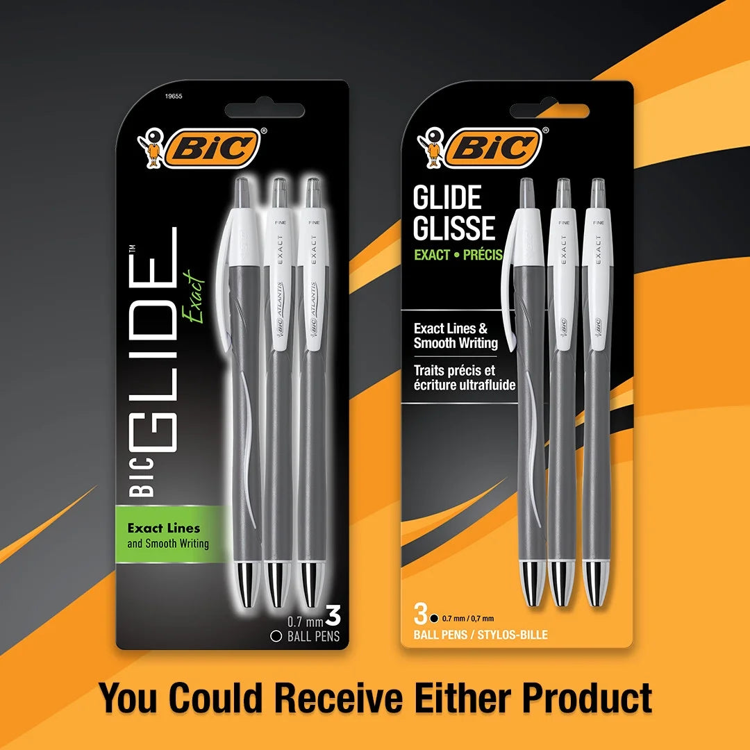 Glide ball pens packaging on a black and orange background
