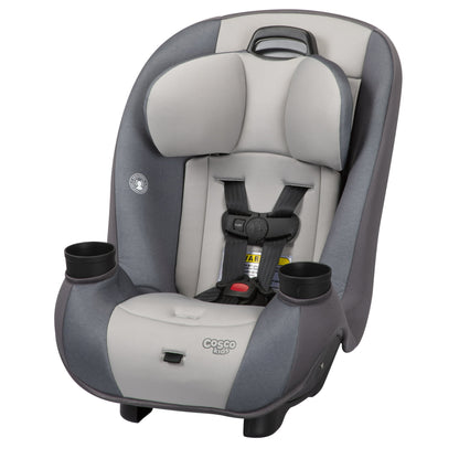 Gray and white car seat with cup holders on a white background
