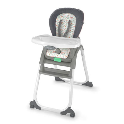 Gray and white high chair with floral patterned seat on a white background