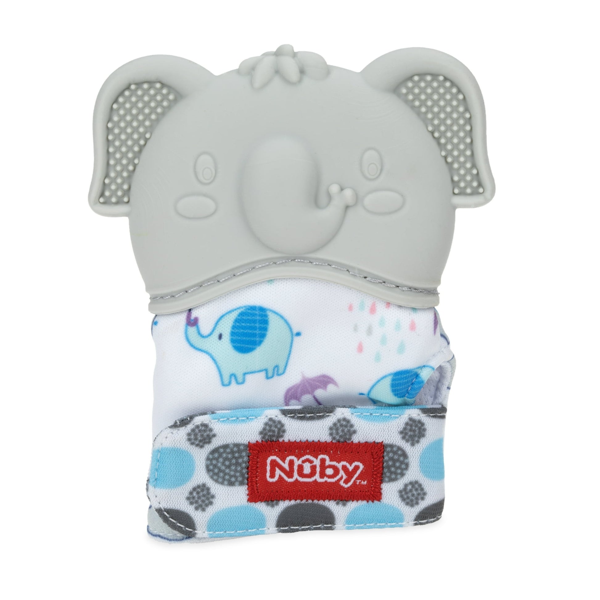 Gray elephant-shaped teether on a white background