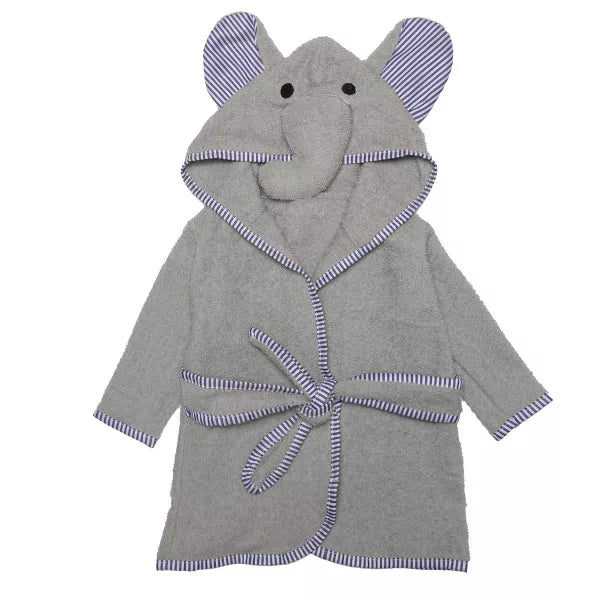 Gray elephant shaped robe with striped ears on a white background