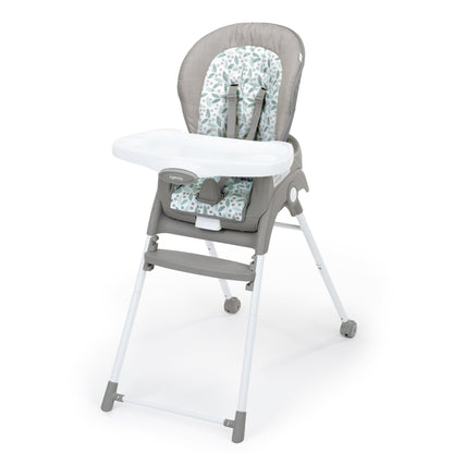 Gray high chair with floral patterned seat on a white background