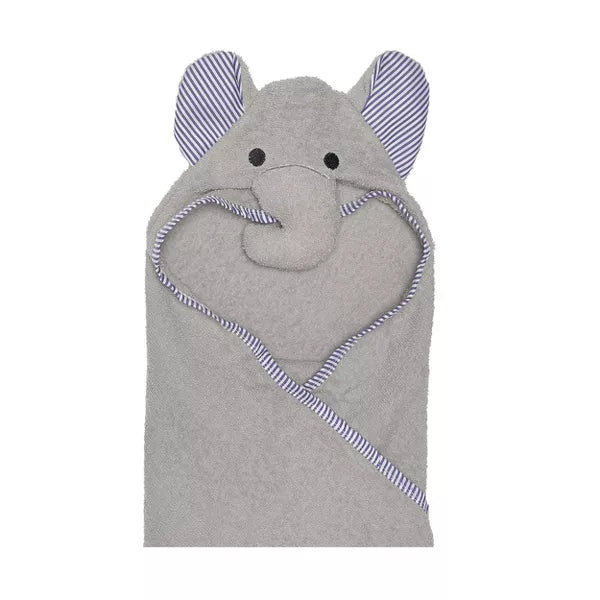 Gray hooded towel with elephant ears and face on a white background