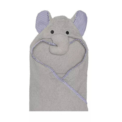 Gray hooded towel with elephant ears and face on a white background