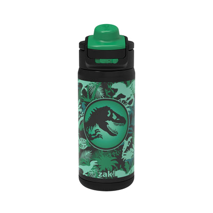 Green and black water bottle with dinosaur design on a white background