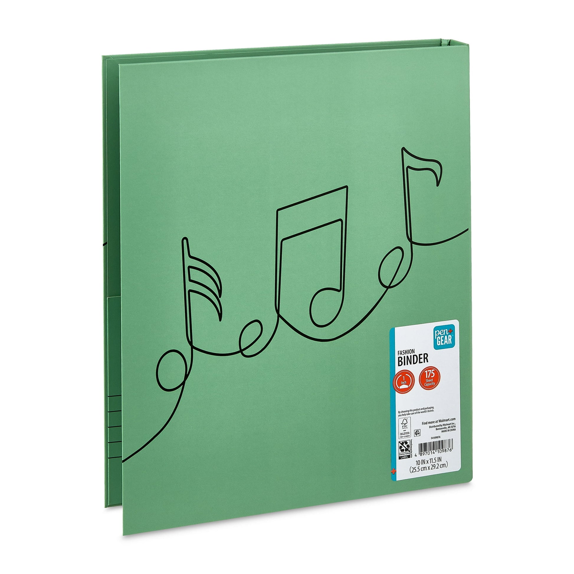 Green binder with music note design on a white background