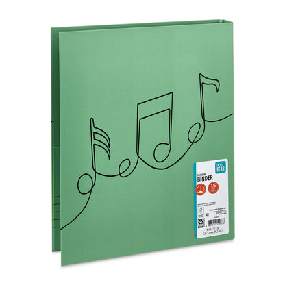 Green binder with music note design on a white background
