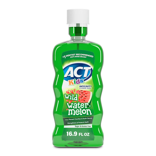 Green bottle of Kids Wild Watermelon dental rinse on a white background