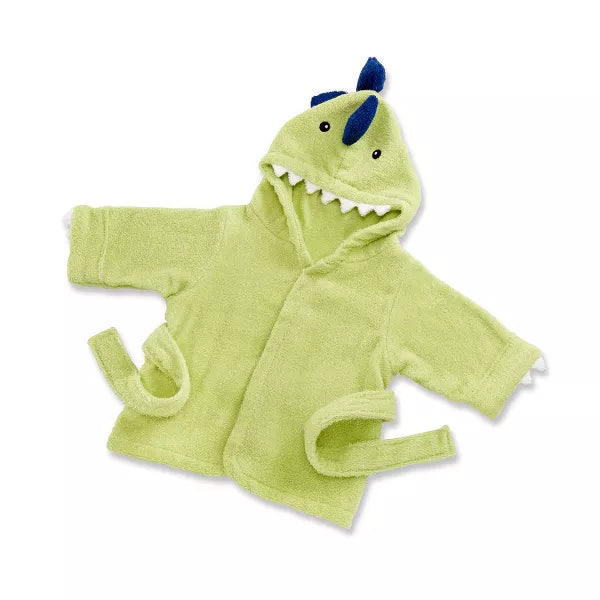 Green dinosaur-themed children's robe on a white background
