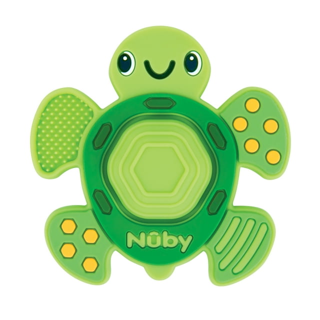 Green turtle-shaped teether on a white background
