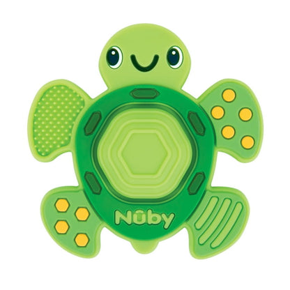 Green turtle-shaped teether on a white background