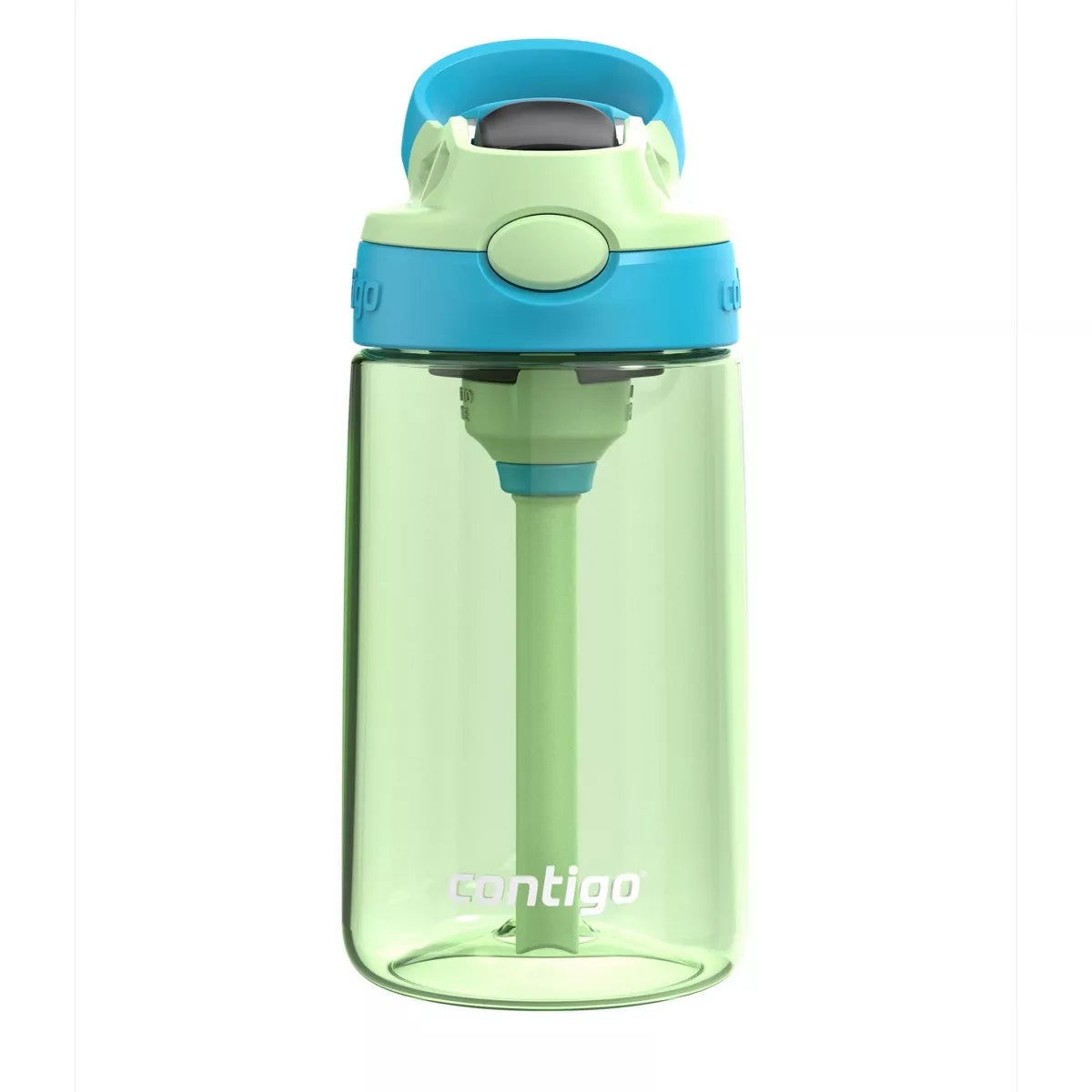 Green water bottle with blue lid on a white background