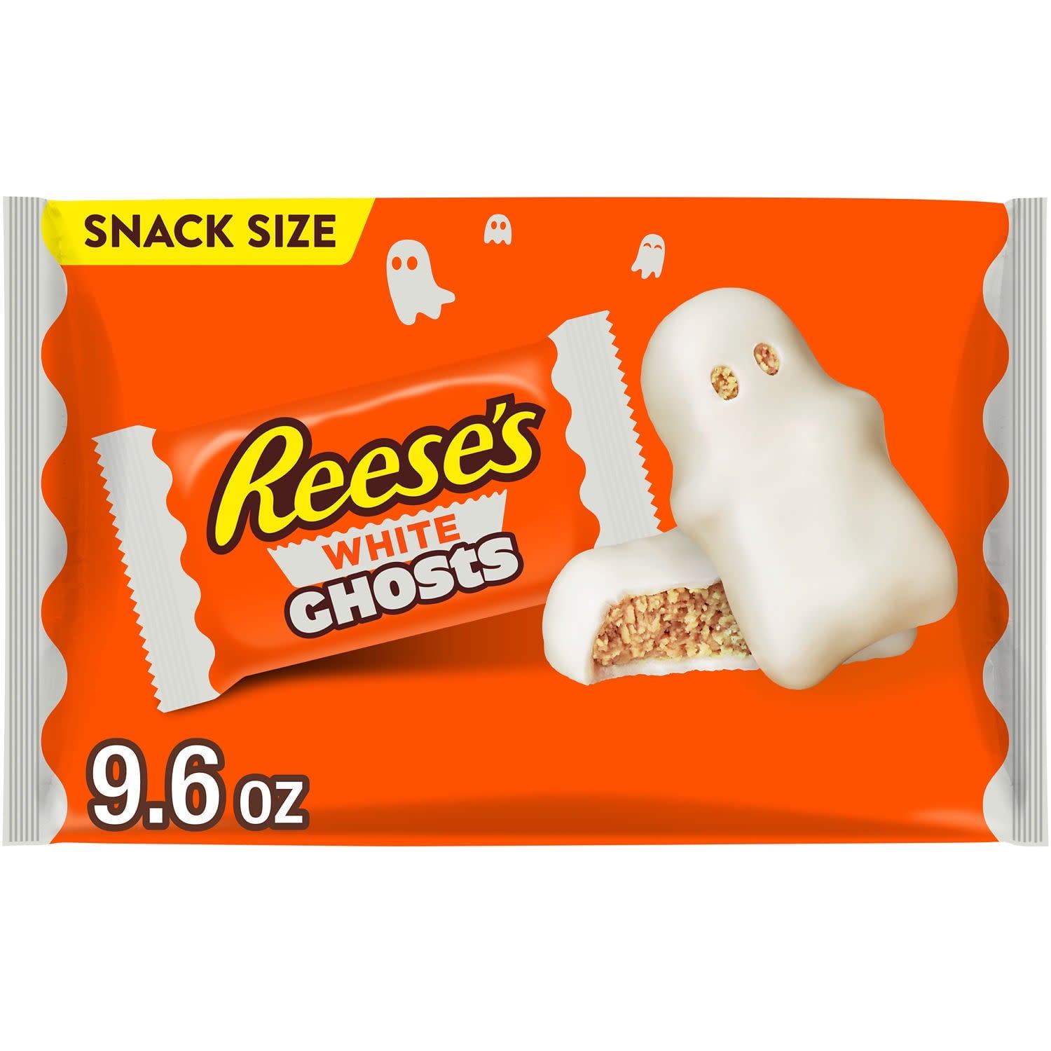 Halloween-Themed Candy, White Ghosts snack size package on a white background