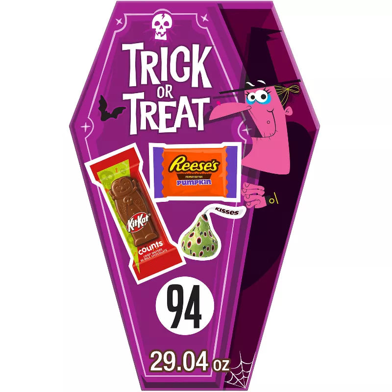 Halloween-themed candy box with candy illustrations and text on a white background