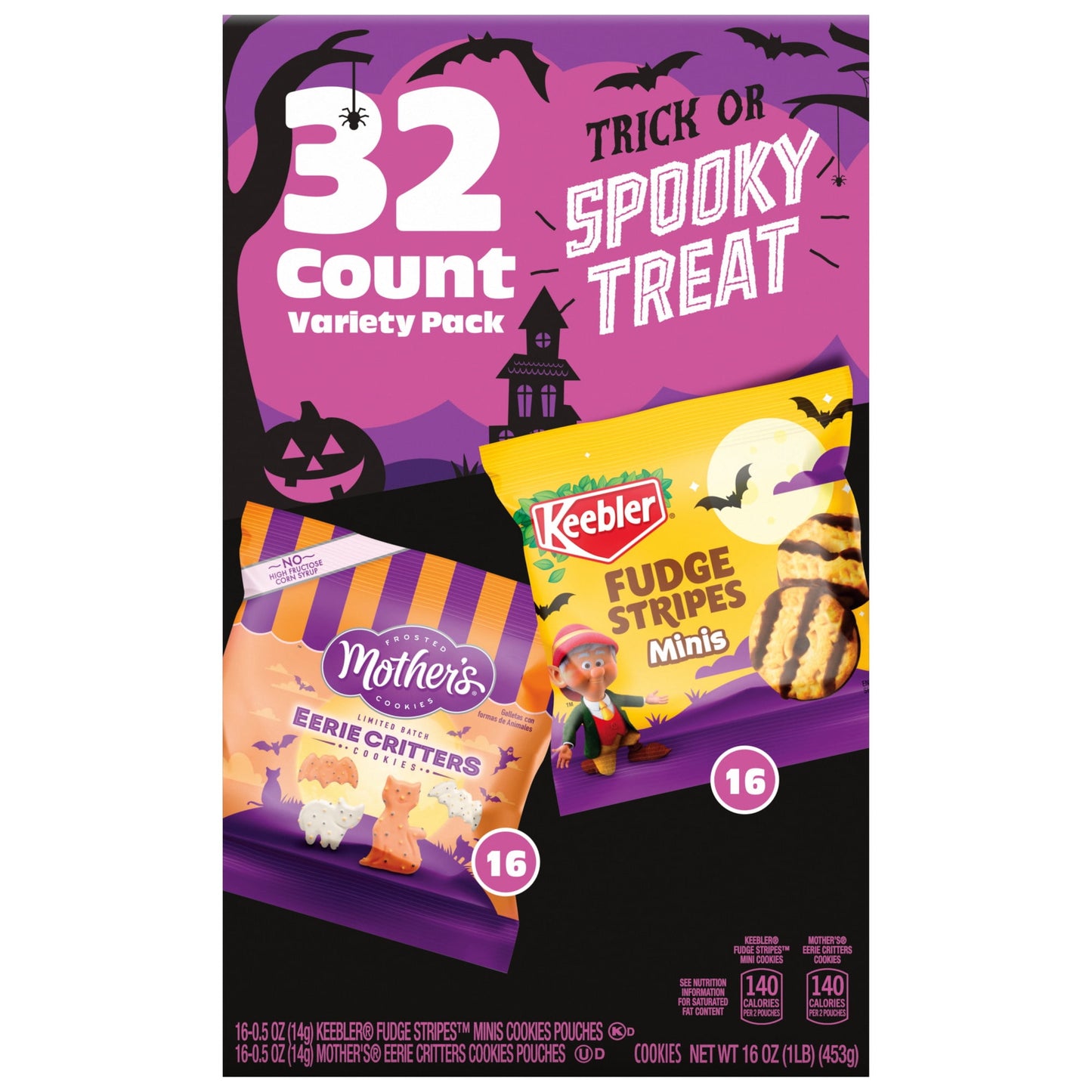 Halloween-themed cookie package with '32 Count Variety Pack' on a purple background.
