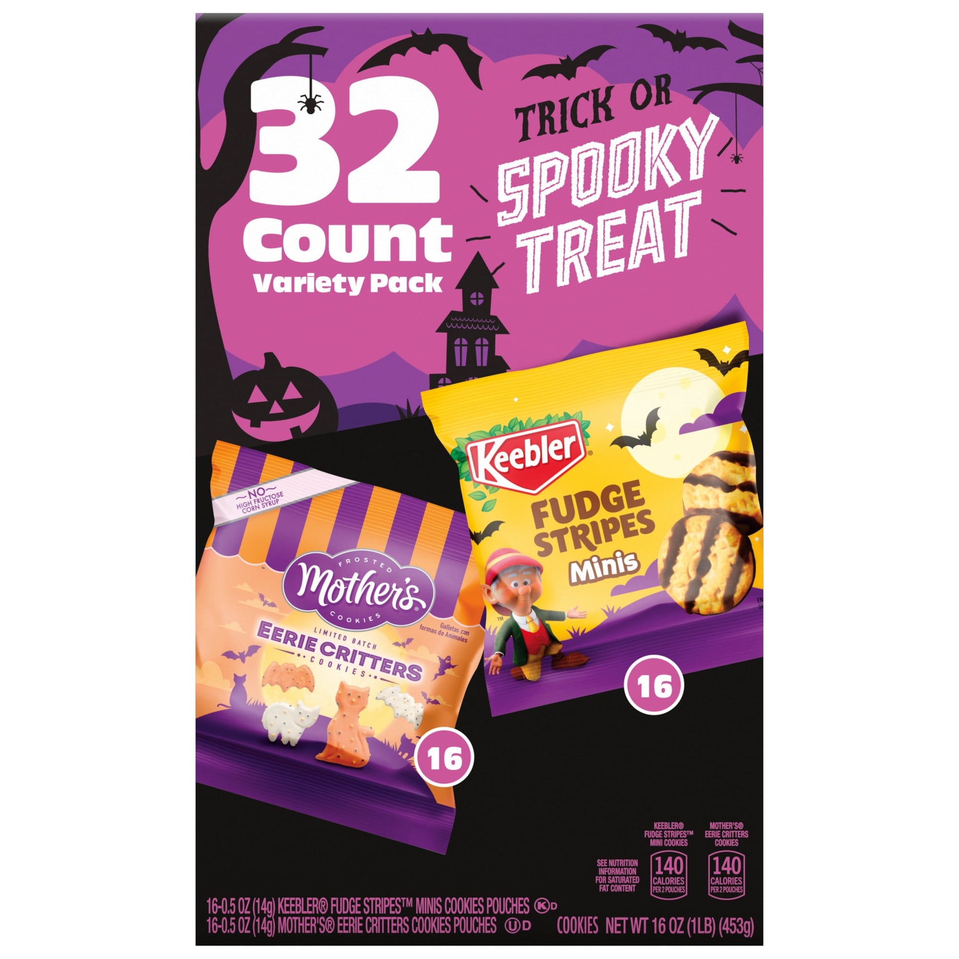 Halloween-themed cookie package with '32 Count Variety Pack' on a purple background.