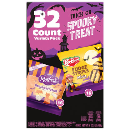 Halloween-themed cookie package with '32 Count Variety Pack' on a purple background.