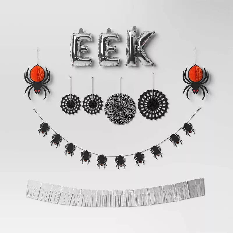 Halloween-themed decorations including spider webs, spiders, and 'EEK' balloons on a white background.