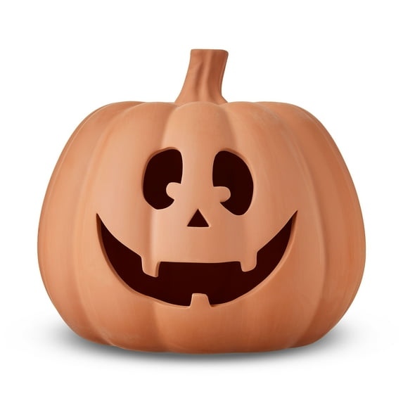 Halloween Brown Clay Pumpkin Outdoor Decoration – 9-Inch Jack-O’-Lantern Prop for Porch or Yard Display