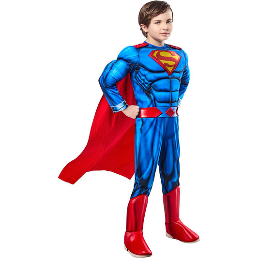 Halloween Child wearing a Superman costume with a red cape on a white background