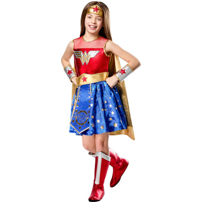 Halloween Child wearing a Wonder Woman costume on a white background