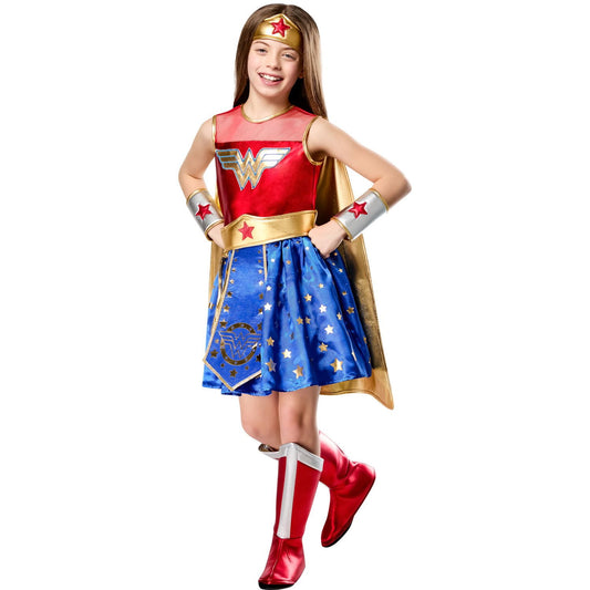 Halloween Child wearing a Wonder Woman costume on a white background