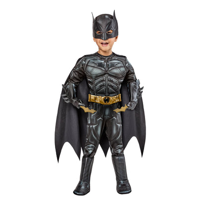 Halloween Child wearing a detailed Batman costume on a white background