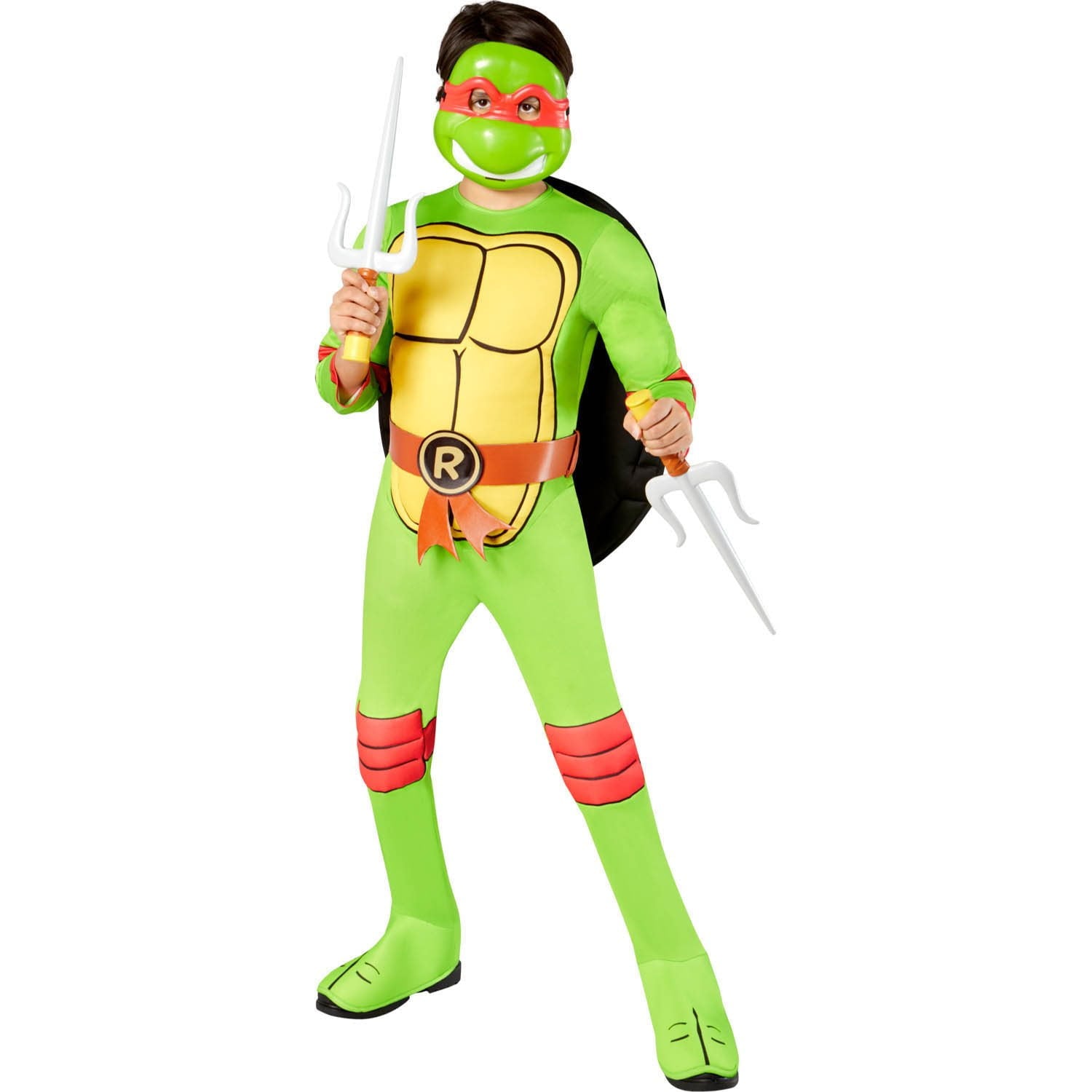 Halloween Child wearing a green superhero costume with a mask on a white background