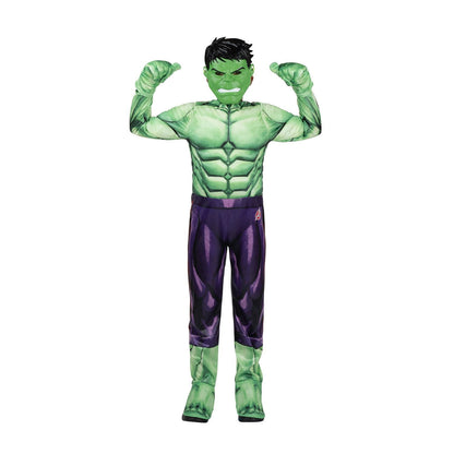 Halloween Green superhero costume with purple accents on a white background