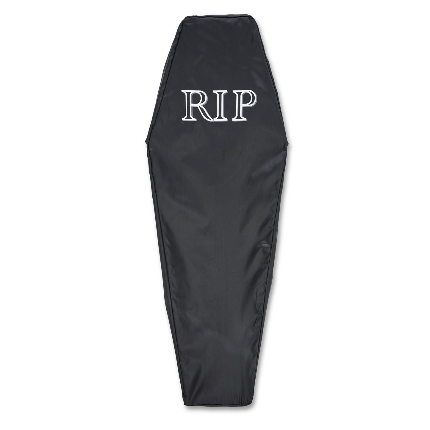 Halloween Themed Black coffin with 'RIP' text on a white background
