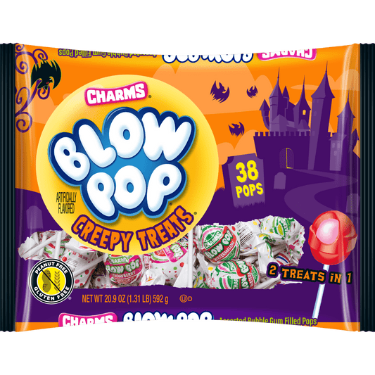 Halloween Themed Candy, Blow Pop Creepy Treats packaging with Halloween-themed design