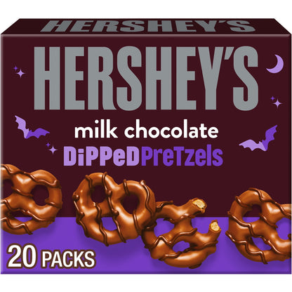 Halloween Themed Candy, Box of milk chocolate dipped pretzels with Halloween-themed design.