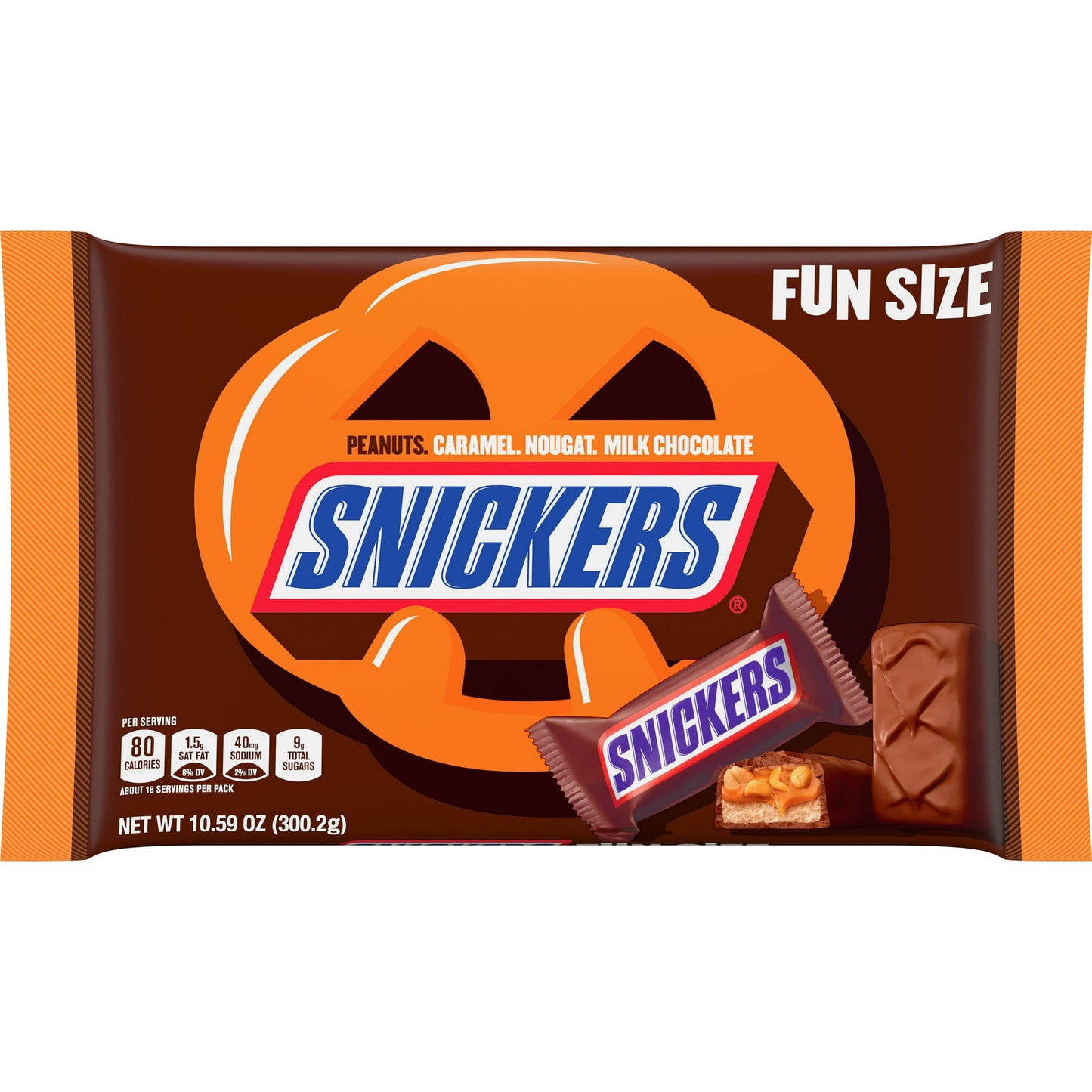 Halloween Themed Candy, Fun Size Halloween Chocolate candy bar packaging with a pumpkin design on a white background