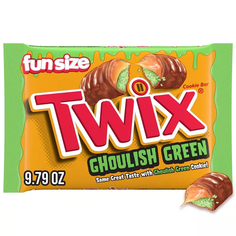 Halloween Themed Candy, Ghoulish Green fun size Chocolate candy bar packaging on a white background