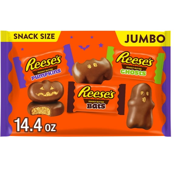 Halloween Themed Candy, Halloween Chocolate candy package with pumpkins, ghosts, and bats on an orange background.