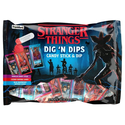 Halloween Themed Candy, Stranger Things candy package with characters and product images on a white background