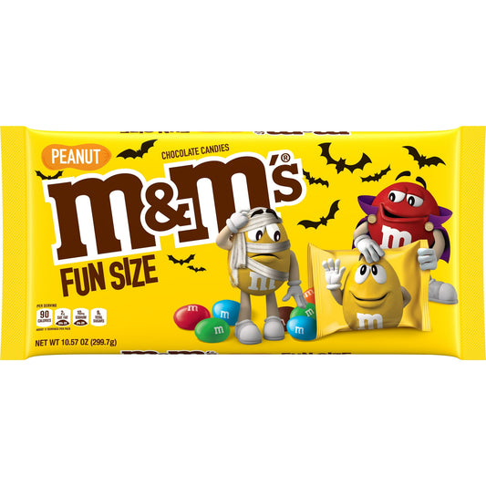Halloween Themed Fun Size Halloween candy with peanut, package with characters and bats on a yellow background
