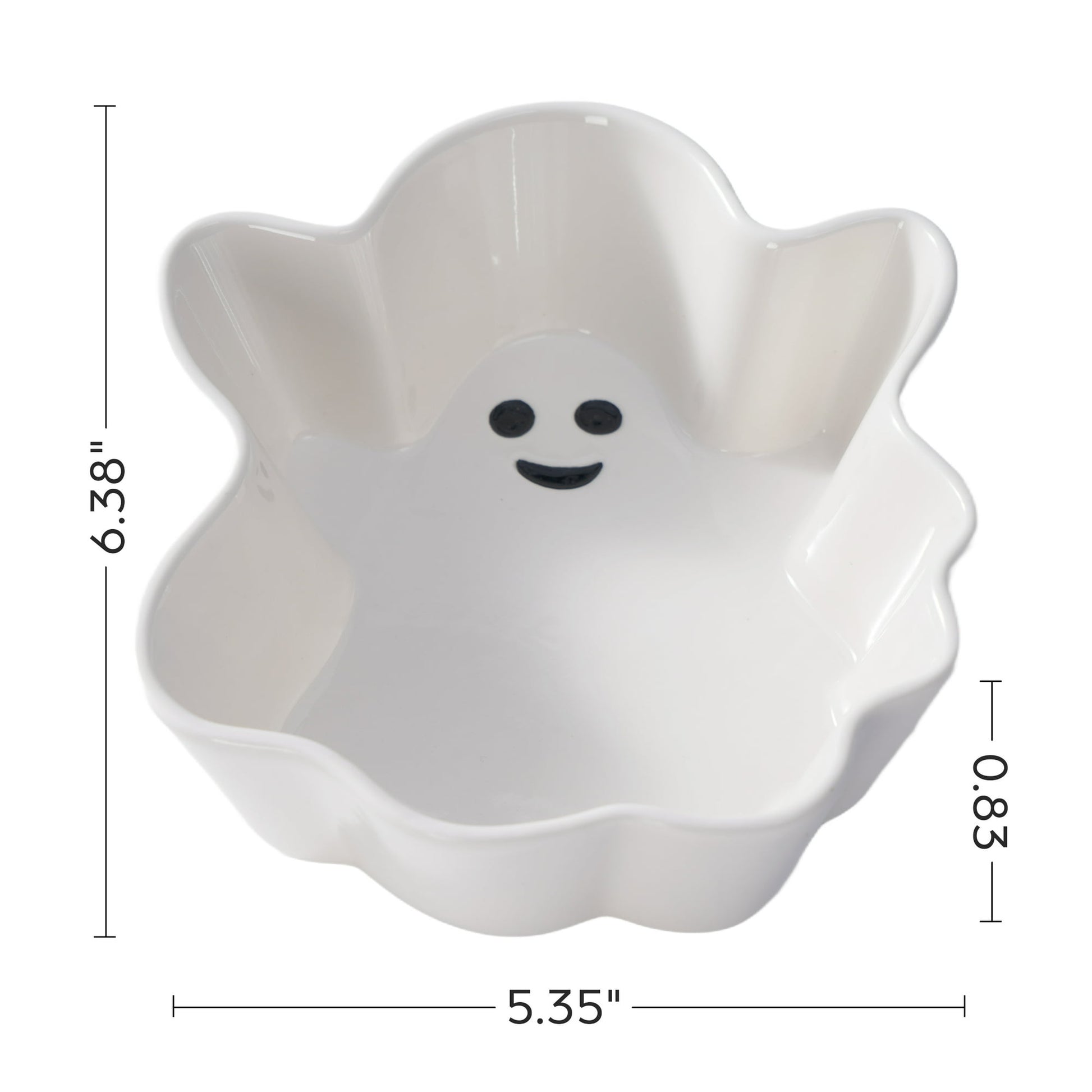 Halloween Themed White ghost-shaped bowl with a smiley face and measurements on a white background