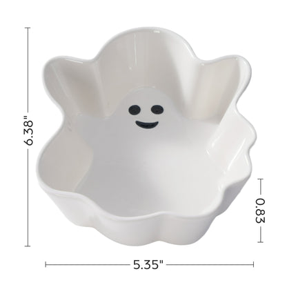 Halloween Themed White ghost-shaped bowl with a smiley face and measurements on a white background