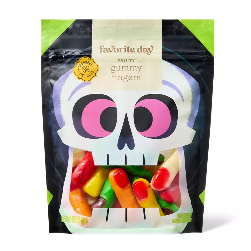 Halloween Themed candy, Packaged gummy candies in the shape of fingers with a skull design on the front.