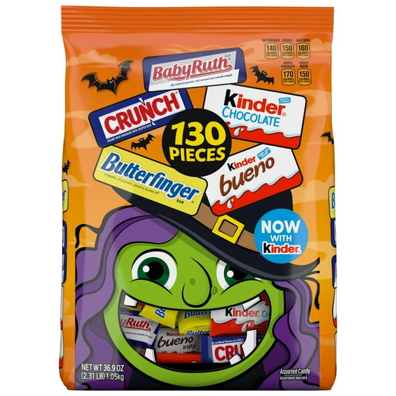 Halloween Themed candy bag with various candy logos and a cartoon character on an orange background.