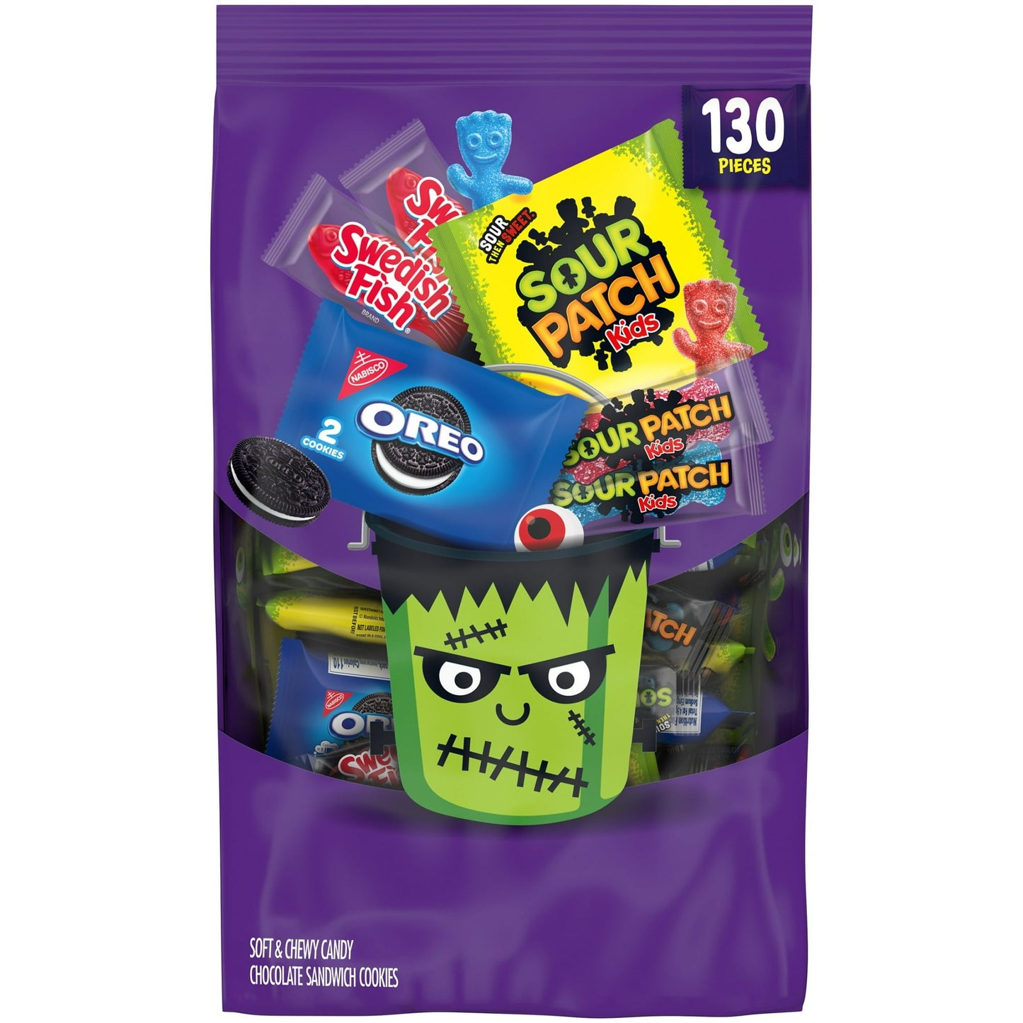 Halloween Themed candy bag with various treats, featuring a Frankenstein design.