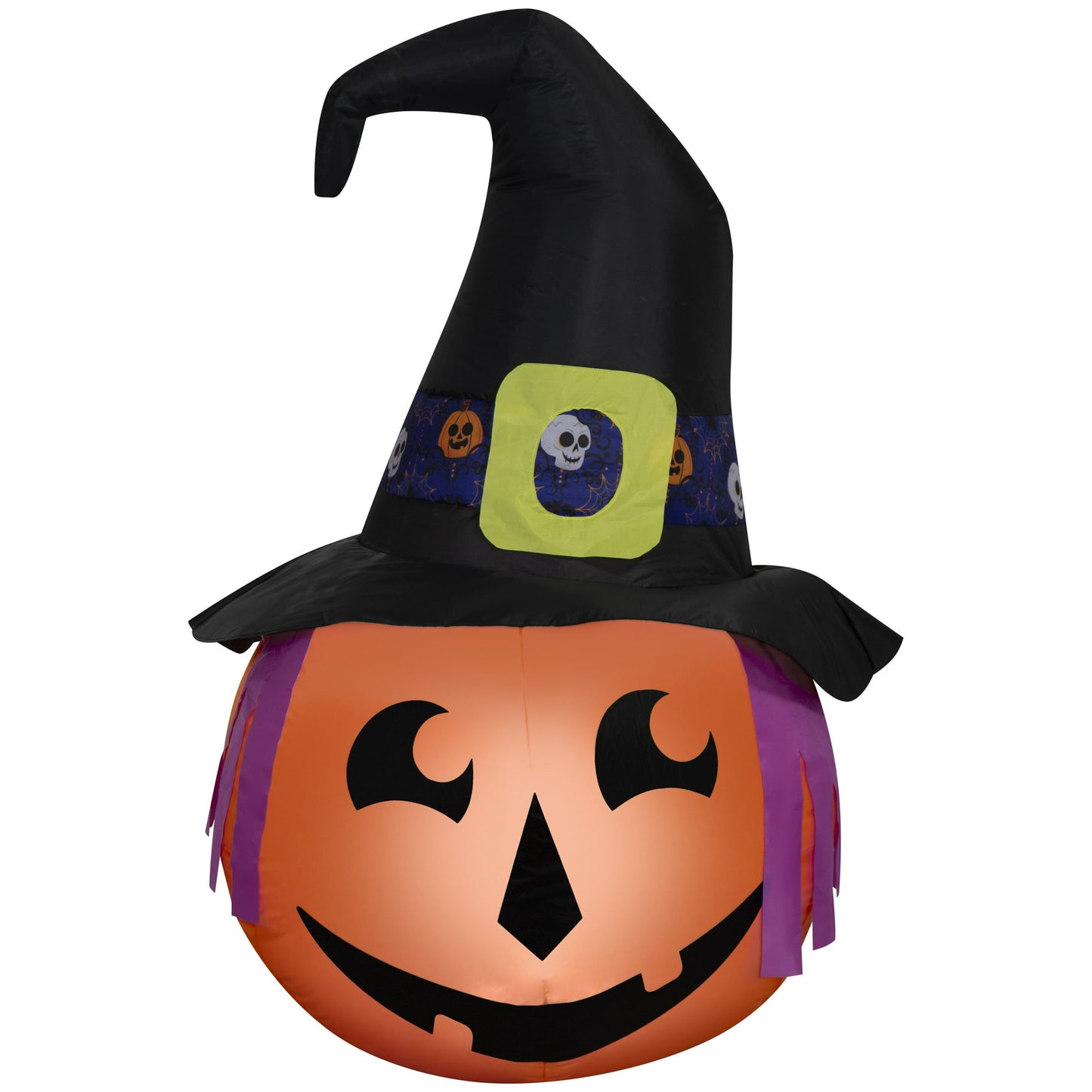 Halloween Themed inflatable pumpkin with witch hat on a white background
