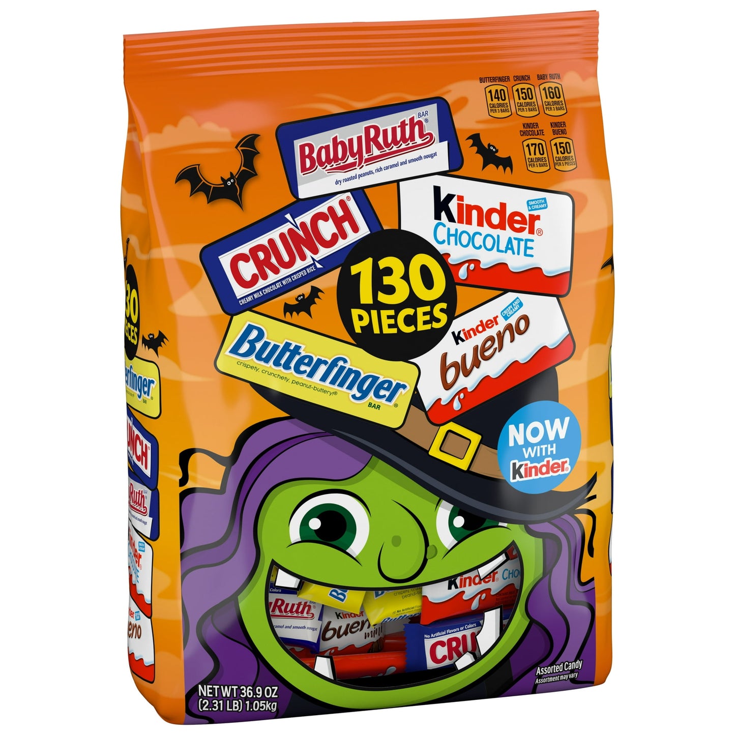 Halloween Themed variety candy bag with various candy brand logos on an orange background