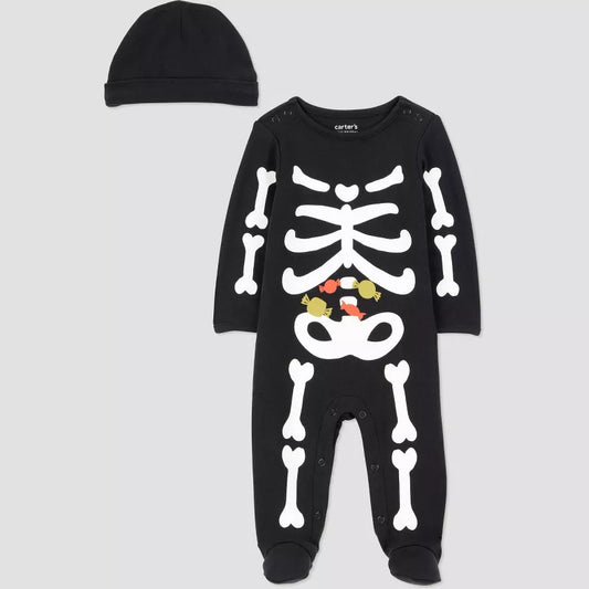 Halloween costume Black baby onesie with skeleton design and matching hat on a light gray background